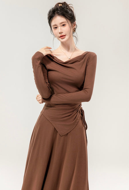 Mia Drawstring Coord Set - Set of Top and Skirt - front shot on model, brown - Miss Mosa By Akanksha