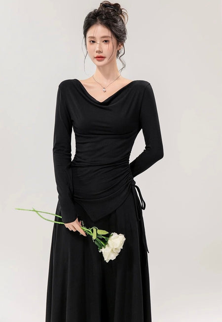 Mia Drawstring Coord Set - Set of Top and Skirt - front shot on model holding roses, black - Miss Mosa By Akanksha