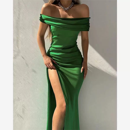 Mia Statement Satin Maxi Dress In Green - full-length shot on model, green - Miss Mosa By Akanksha