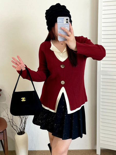 Miana Colorblock Premium Sweater - front shot, dark red with cream collar - Miss Mosa By Akanksha