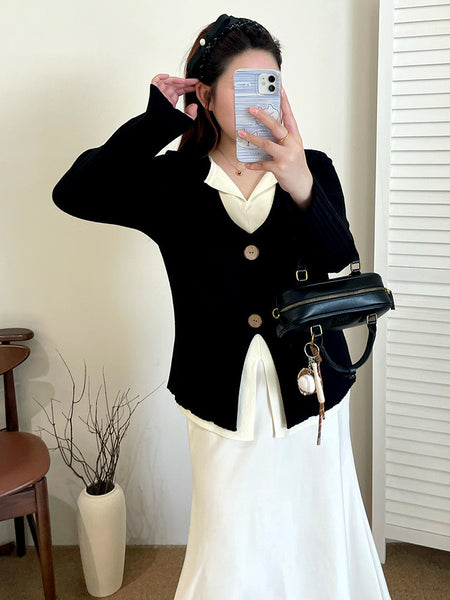 Miana Colorblock Premium Sweater - front shot, black with cream collar - Miss Mosa By Akanksha