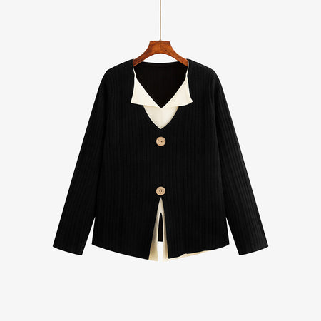 Miana Colorblock Premium Sweater - flat-lay shot, black with cream collar - Miss Mosa By Akanksha