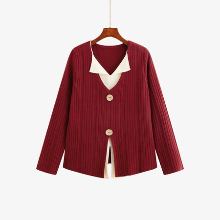 Miana Colorblock Premium Sweater - flat-lay shot, dark red with cream collar - Miss Mosa By Akanksha