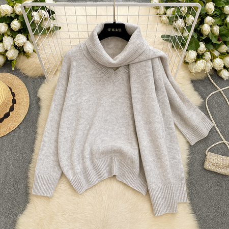 Miane Luxe Sweater With Scarf - flat-lay product shot, grey - Miss Mosa By Akanksha