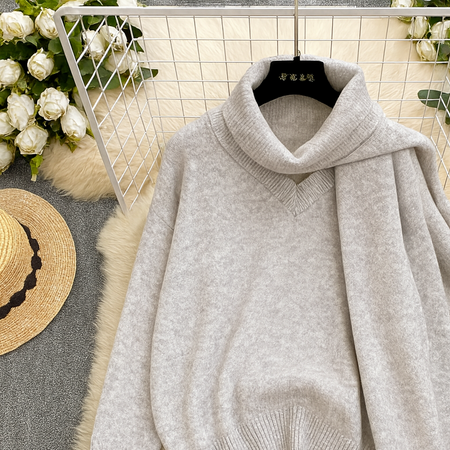 Miane Luxe Sweater With Scarf - close-up of fabric detail, grey - Miss Mosa By Akanksha