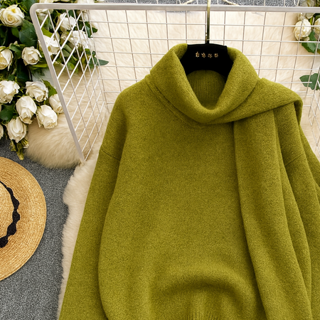 Miane Luxe Sweater With Scarf - close-up of fabric detail, olive green - Miss Mosa By Akanksha
