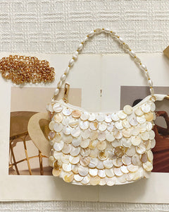Mibi Shell Hand Bag With Chain - front flat-lay packshot, cream mother-of-pearl shell with gold chain - Miss Mosa By Akanksha