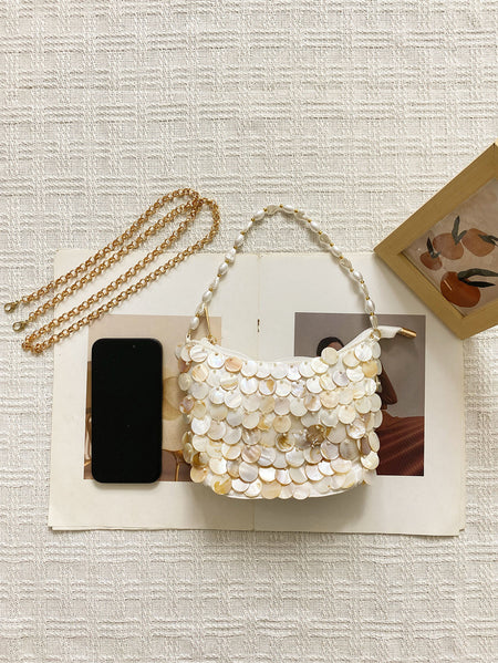 Mibi Shell Hand Bag With Chain - front flat-lay packshot, cream mother-of-pearl shell with gold chain - Miss Mosa By Akanksha