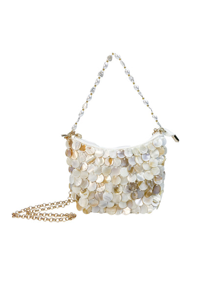 Mibi Shell Hand Bag With Chain - front packshot, cream mother-of-pearl shell with gold chain - Miss Mosa By Akanksha
