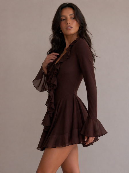 Michelle Ruffle Mini Dress - side shot, dark brown - Miss Mosa By Akanksha