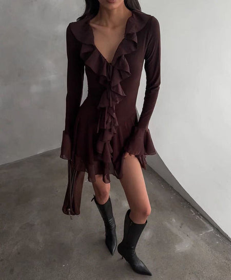 Michelle Ruffle Mini Dress - styled shot, dark brown - Miss Mosa By Akanksha