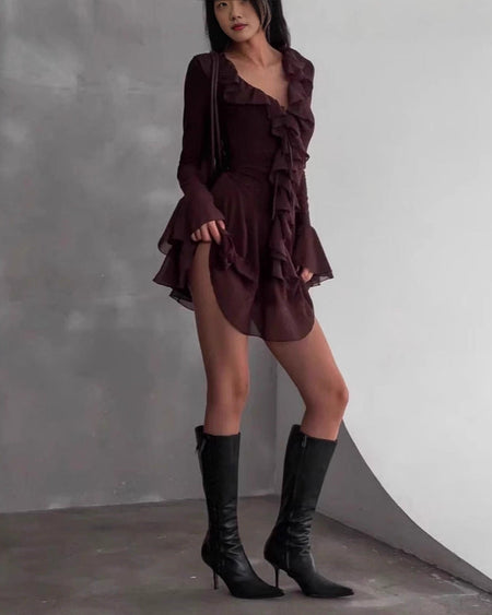 Michelle Ruffle Mini Dress - full-length shot, dark brown - Miss Mosa By Akanksha