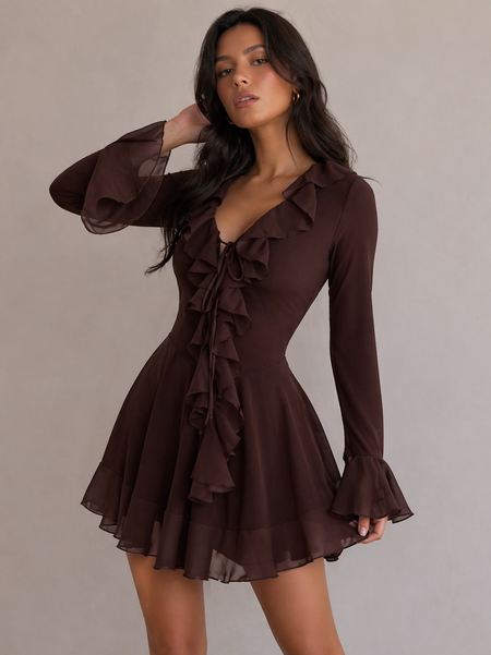 Michelle Ruffle Mini Dress - front shot, dark brown - Miss Mosa By Akanksha