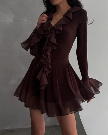 Michelle Ruffle Mini Dress - styled shot, dark brown - Miss Mosa By Akanksha