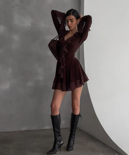 Michelle Ruffle Mini Dress - full-length shot, dark brown - Miss Mosa By Akanksha