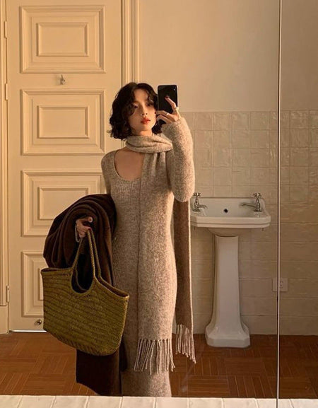 Micola Woolen Dress With Scarf In Beige - mirror selfie shot on model - Miss Mosa By Akanksha