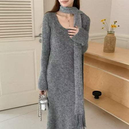 Micola Woolen Dress With Scarf In Grey - front shot on model - Miss Mosa By Akanksha