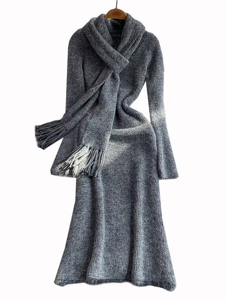 Micola Woolen Dress With Scarf In Grey - flat-lay product shot on hanger - Miss Mosa By Akanksha