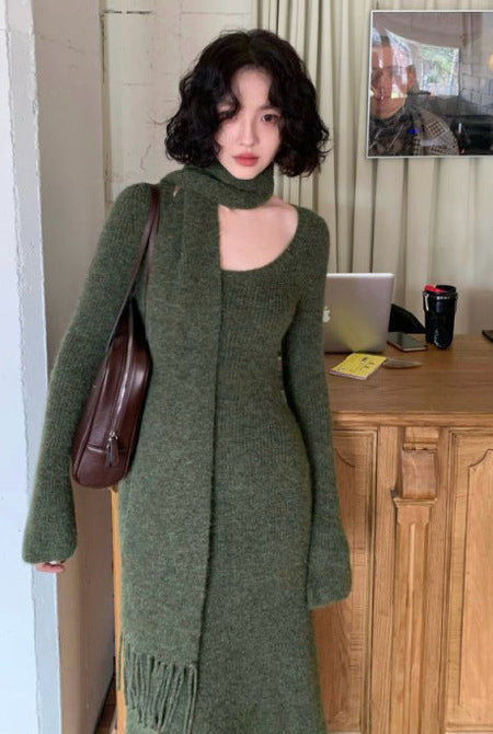 Micola Woolen Dress With Scarf In Olive - front shot on model indoors - Miss Mosa By Akanksha