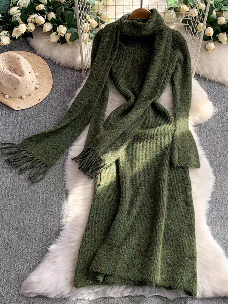 Micola Woolen Dress With Scarf In Olive - flat-lay dress and scarf shot on fur rug - Miss Mosa By Akanksha