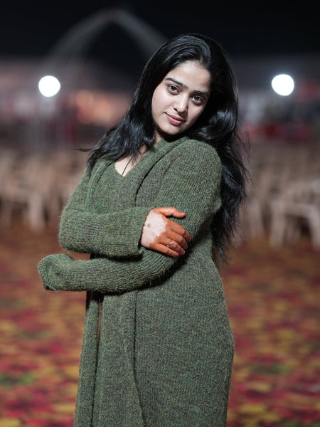Micola Woolen Dress With Scarf In Olive - front shot on model at night event - Miss Mosa By Akanksha