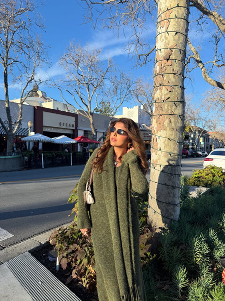 Micola Woolen Dress With Scarf In Olive - side shot on model outdoors - Miss Mosa By Akanksha