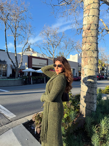 Micola Woolen Dress With Scarf In Olive - side shot on model outdoors - Miss Mosa By Akanksha