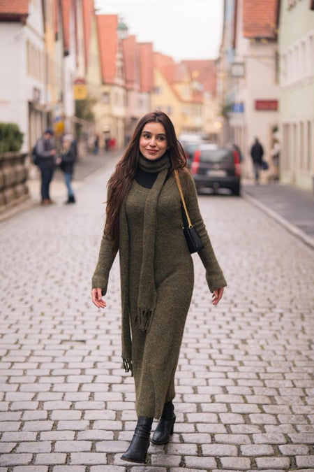 Micola Woolen Dress With Scarf In Olive - front shot on model walking on cobblestones - Miss Mosa By Akanksha