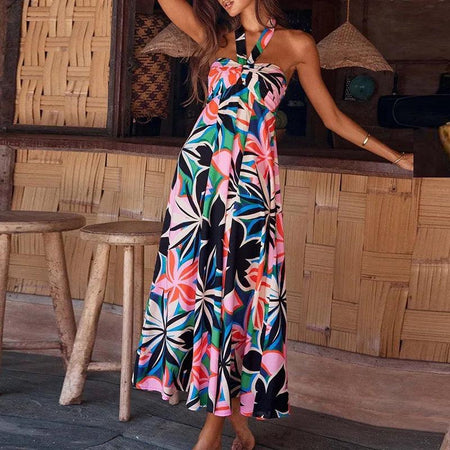 Middleton Summer Tropical Midi Dress - full-length shot on model, multicolour - Miss Mosa By Akanksha