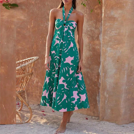 Middleton Summer Tropical Midi Dress - full-length shot on model, green - Miss Mosa By Akanksha