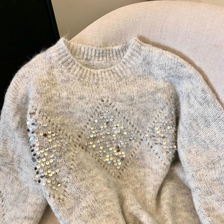 Mieke Luxe Sequin Sweater - flat-lay product shot, off-white - Miss Mosa By Akanksha