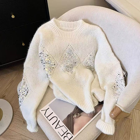 Mieke Luxe Sequin Sweater - flat-lay product shot, off-white - Miss Mosa By Akanksha