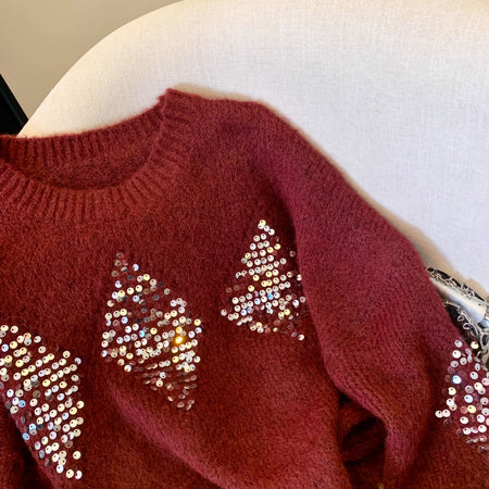 Mieke Luxe Sequin Sweater - close-up of sequin detail, maroon - Miss Mosa By Akanksha