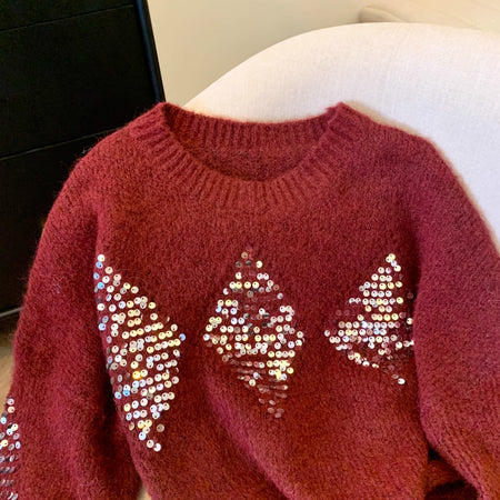 Mieke Luxe Sequin Sweater - close-up of sequin detail, maroon - Miss Mosa By Akanksha