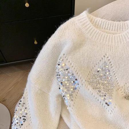 Mieke Luxe Sequin Sweater - close-up of sequin detail, off-white - Miss Mosa By Akanksha