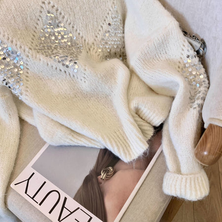 Mieke Luxe Sequin Sweater - flat-lay product shot, off-white - Miss Mosa By Akanksha