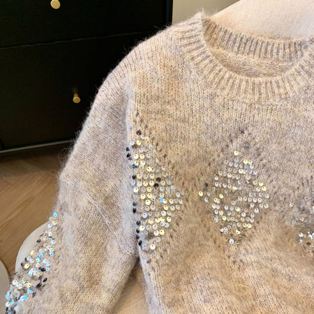 Mieke Luxe Sequin Sweater - close-up of sequin detail, beige - Miss Mosa By Akanksha
