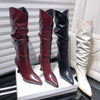 Miela Knee High Pointed Leather Boots - flat-lay product shot of colourway range, burgundy, black and off-white - Miss Mosa By Akanksha