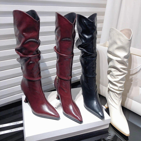 Miela Knee High Pointed Leather Boots - flat-lay product shot of colourway range, burgundy, black and off-white - Miss Mosa By Akanksha