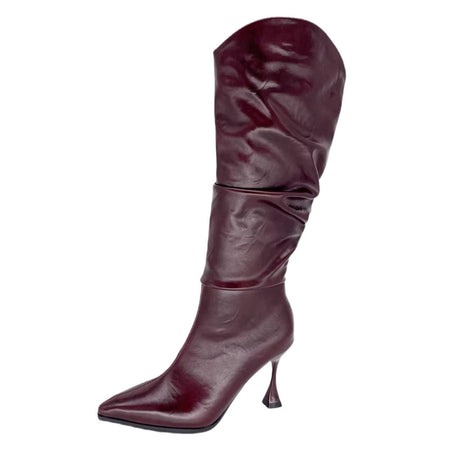 Miela Knee High Pointed Leather Boots - flat-lay product shot, burgundy - Miss Mosa By Akanksha