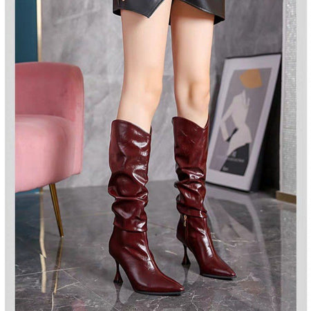 Miela Knee High Pointed Leather Boots - full-length shot on model, burgundy - Miss Mosa By Akanksha