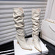 Miela Knee High Pointed Leather Boots - flat-lay product shot, off-white - Miss Mosa By Akanksha