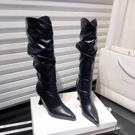 Miela Knee High Pointed Leather Boots - flat-lay product shot, black - Miss Mosa By Akanksha