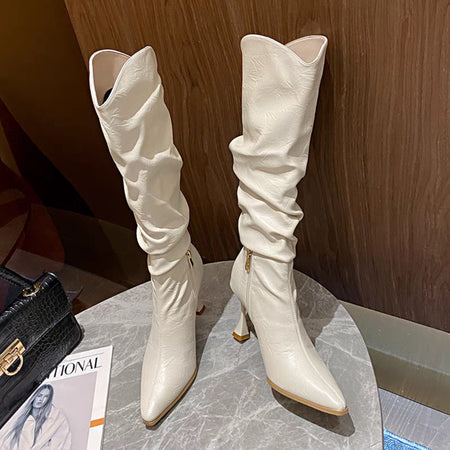 Miela Knee High Pointed Leather Boots - flat-lay product shot, off-white - Miss Mosa By Akanksha