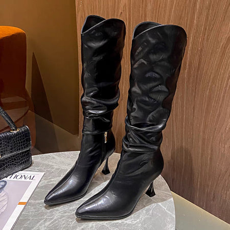 Miela Knee High Pointed Leather Boots - flat-lay product shot, black - Miss Mosa By Akanksha