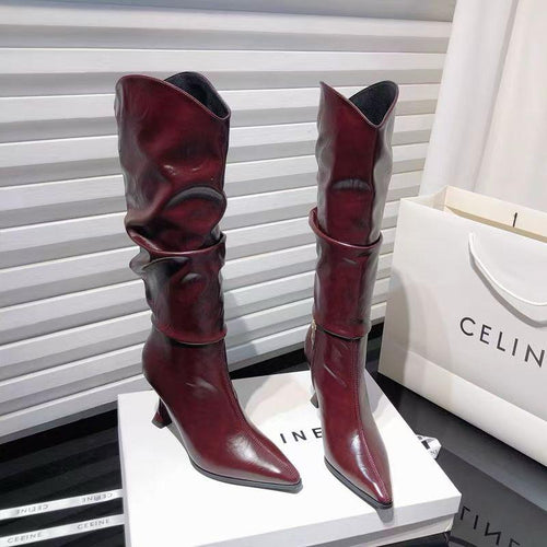 Miela Knee High Pointed Leather Boots In Wine