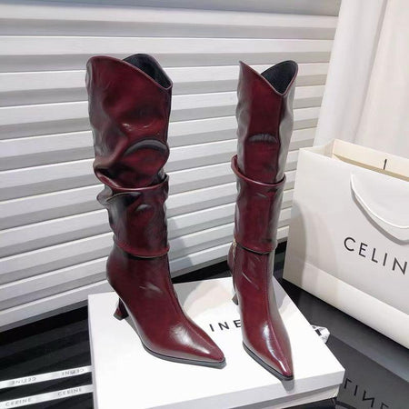 Miela Knee High Pointed Leather Boots In Wine - front shot of boots on stand - Miss Mosa By Akanksha