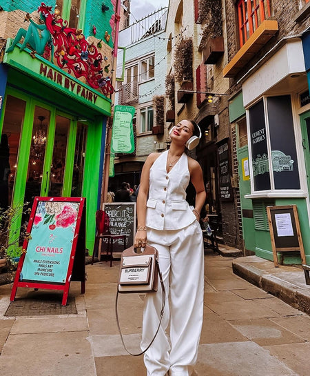 Miko Statement Vest Suit with Pants - lifestyle shot on model, white - Miss Mosa By Akanksha