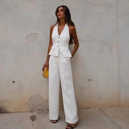 Miko Statement Vest Suit with Pants - full-length shot on model, white - Miss Mosa By Akanksha