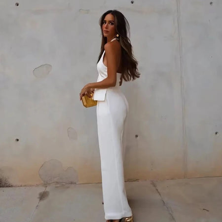 Miko Statement Vest Suit with Pants - back shot on model, white - Miss Mosa By Akanksha